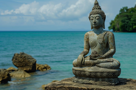 Tranquil buddha statue in meditation pose on a coastal rock with turquoise sea backgroundの素材