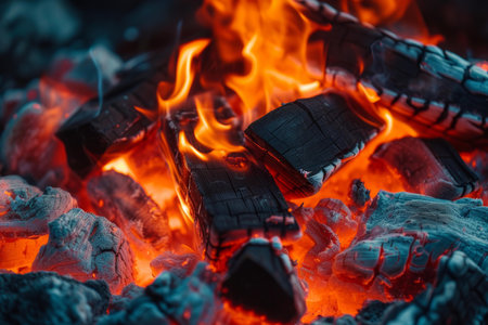 Fiery barbecue scene with glowing charcoal and vibrant flamesの素材