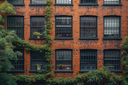 Close-up of a charming red brick building facade with creeping ivy and classic windowsの素材