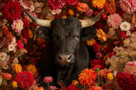 Serene bull with widespread horns amidst a backdrop of colorful bloomsの素材