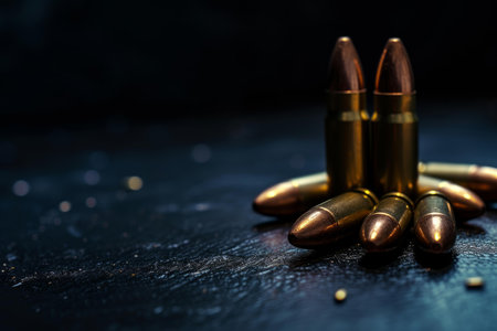 Macro shot of metal bullets arranged on a textured dark backdrop with a shallow depth of fieldの素材