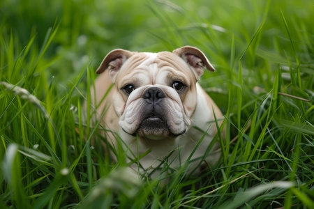 Cute english bulldog puppy enjoys a relaxing day amidst vibrant green blades of grassの素材