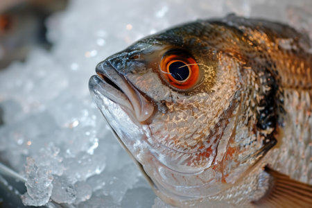 Close-up of a fresh fish on crushed ice, highlighting its shiny scales and vibrant eyeの素材