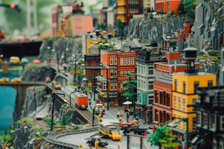 Detailed miniature city with colorful buildings, vehicles, and miniature trees, showcasing urban lifeの素材