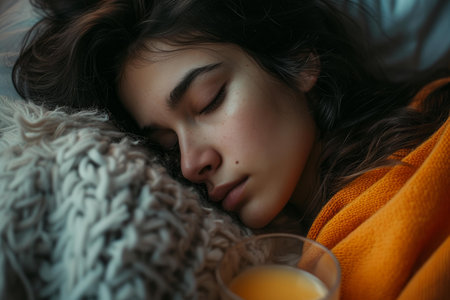 Close-up of a serene young woman sleeping soundly, cuddling with a fluffy blanket and a cup of teaの素材