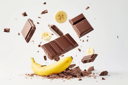 Dynamic image of chocolate and banana slices suspended in mid-air with shavingsの素材