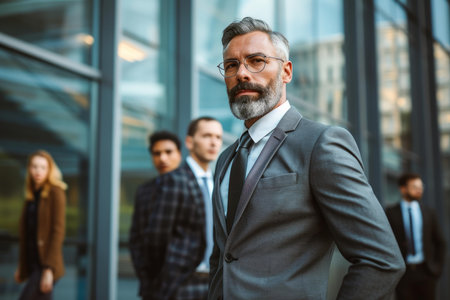 Poised male executive with a beard stands before a modern office building, with a team in the backgroundの素材