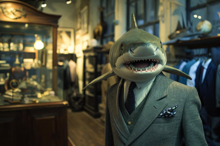 A quirky shark head mannequin dressed in a stylish suit inside a boutiqueの素材