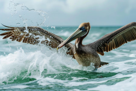 Majestic brown pelican with outstretched wings skillfully navigating the rough seaの素材