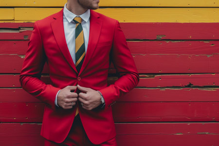 Fashionable man buttoning a bright red suit jacket, with a multicolored wooden backdropの素材