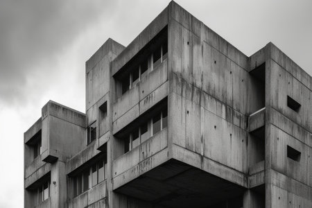 Close-up of a concrete brutalist building facade in black and whiteの素材