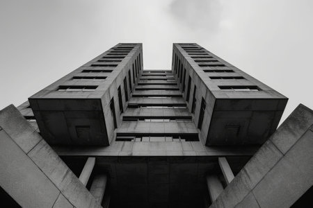 Black and white photo looking up the facade of a brutalist building against a cloudy skyの素材