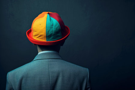 Rear view of a man wearing a multicolored hat against a shadowy backdropの素材