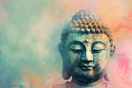 Calm buddha statue head with a vibrant, misty watercolor backdropの素材