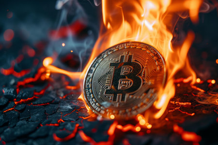 Bitcoin engulfed in flames sits atop a cracked, burnt surface, symbolizing market volatilityの素材