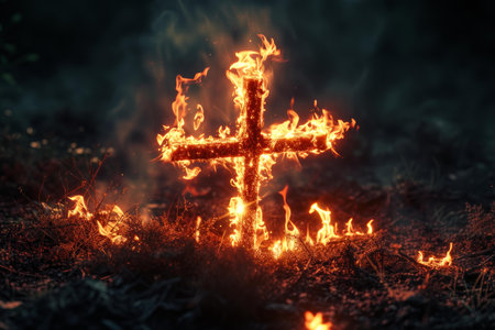 A symbolic wooden cross engulfed in flames at night with evocative lightingの素材