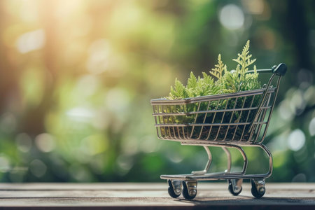 Charming miniature cart with plants against a blurred nature backgroundの素材