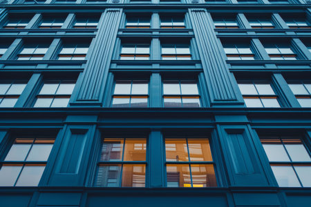 Abstract view of a minimalist office building with a single illuminated window at duskの素材