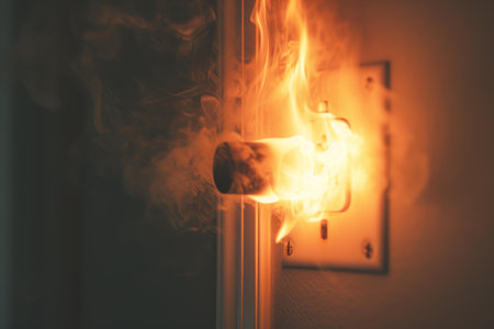Close-up of a dangerous electrical socket fire with billowing smoke indoorsの素材