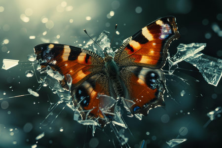 Stunning image of a vibrant butterfly resting on broken glass, with light reflectionsの素材