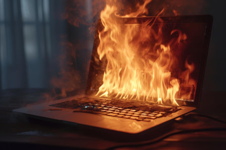 Dramatic image of a burning laptop in a dark room with smoke risingの素材