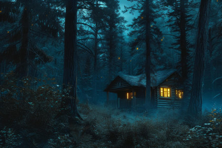 Cozy wooden cabin illuminated from within, nestled in a mysterious blue twilight forestの素材