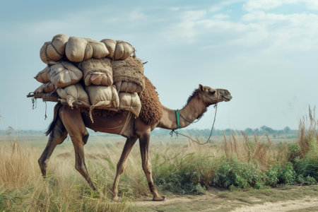 Camel loaded with sacks walking along a rural trailの素材
