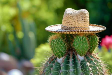 Quirky cactus wearing a straw hat enjoys the summer sun in a lush gardenの素材