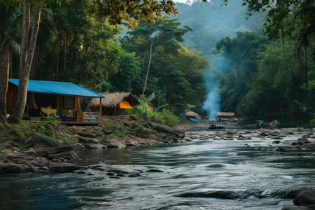 Serene river flowing past wooden huts nestled in a green tropical forest with wisps of smokeの素材