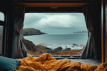 Serene ocean landscape seen through the window of a cozy camper van with beddingの素材