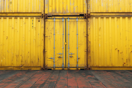 Highresolution image of a vivid yellow cargo container with weathered textureの素材