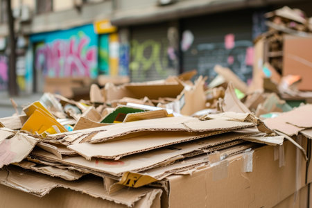 Heap of flattened cardboard boxes ready for recycling on a city sidewalk with graffiti in the backgroundの素材