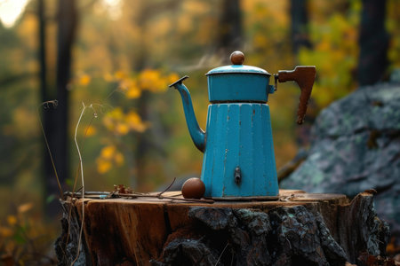 Rustic blue enamel coffee pot sits atop a tree stump amidst autumn woodlandの素材