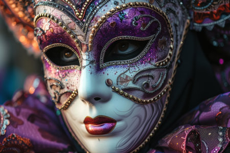 Exquisite detail of a traditional venetian mask with intricate designs, captured at the venice carnivalの素材