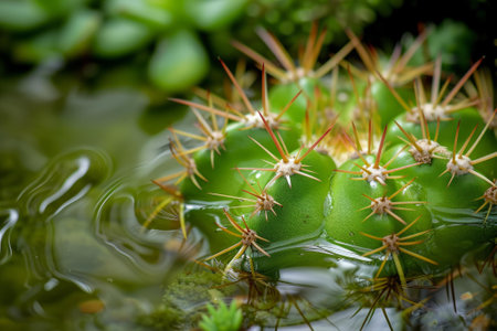 Tranquil and serene close-up of a vibrant green water cactus with sharp spines, floating on the calm and reflective surface of a peaceful pond in a natural botanical gardenの素材