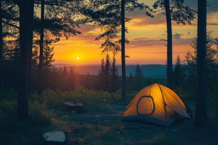 Tranquil and serene campsite in a forest clearing at sunset with golden hour light and orange skyの素材