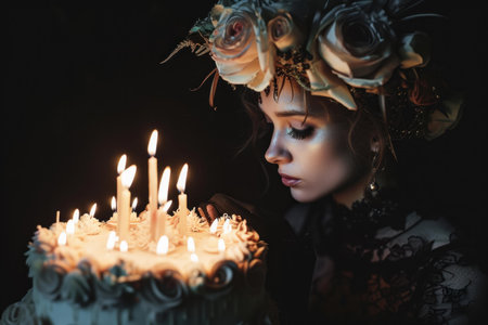 Elegant woman in a floral headpiece admires the glow of candles on a decadent cake in a dim, mystical settingの素材