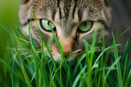Closeup of a cats intense gaze emerging from lush greeneryの素材