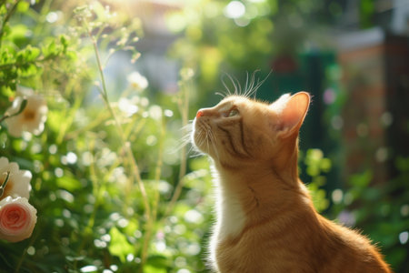 Orange cat enjoys a peaceful moment in a sunny garden, surrounded by greenery and flowersの素材