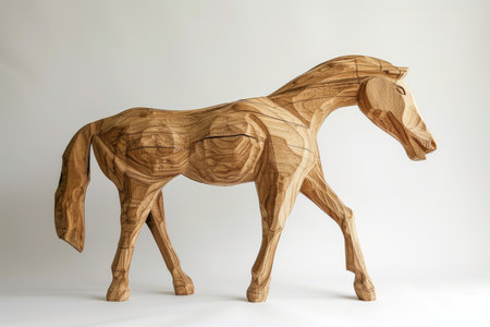 Elegant wooden horse sculpture showcasing detailed craftsmanship isolated on a white backgroundの素材