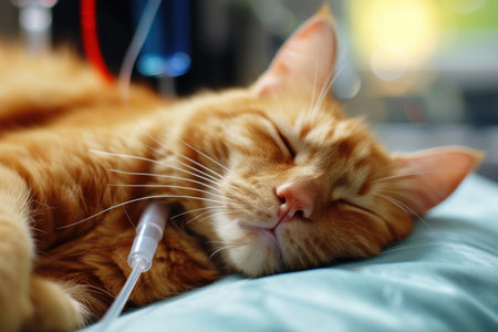 Serene ginger feline sleeps comfortably with a veterinary iv line inserted, showcasing pet healthcareの素材