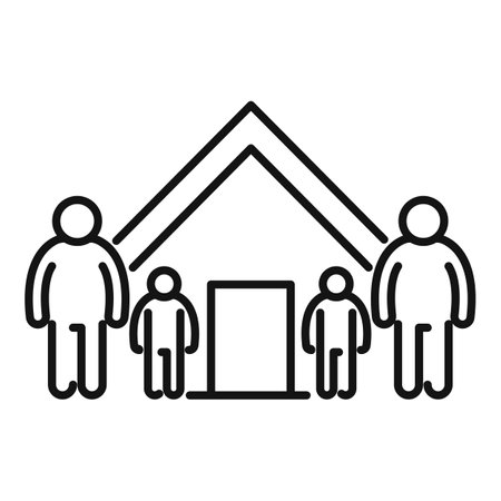 Line art icon of a family of four standing underneath a roof line, representing home insurance and family protectionのイラスト素材