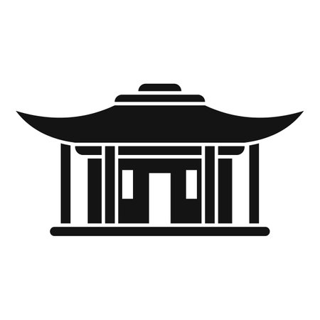 Minimalist black and white illustration of an Asian building with a curved roof, evoking oriental culture and architectureのイラスト素材