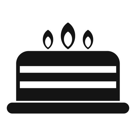 Black simple icon of a big birthday cake with three candles burning on top