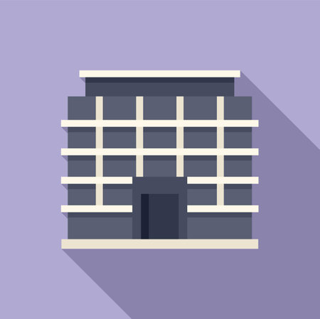 Modern office building with a geometric facade casting a long shadow on a sunny dayのイラスト素材