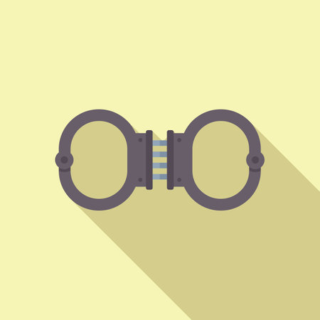 Locked steel handcuffs lying on a yellow background with a long shadowのイラスト素材