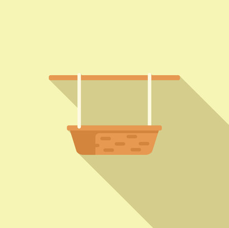 Wicker basket hanging on a wooden stick with ropes on a light yellow backgroundのイラスト素材