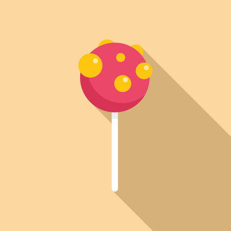 Round pink lollipop with yellow dots on long shadow background representing sweet treat, candy shop, confectioneryのイラスト素材