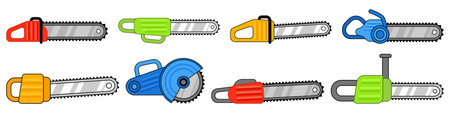 Chainsaw icons set. Set of colorful chainsaws featuring both electric and gasoline powered models, ideal for illustrations related to forestry, woodworking, or constructionのイラスト素材