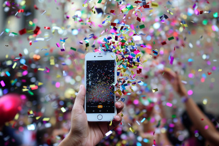 Hand holding a smartphone capturing confetti rain during a festive celebration eventの素材